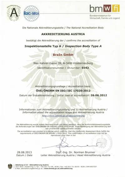 Bestätigung der Akkreditierung der BraIn GmbH als Inspektionsstelle Typ A durch Akkreditierung Austria, ID-Nummer 0342